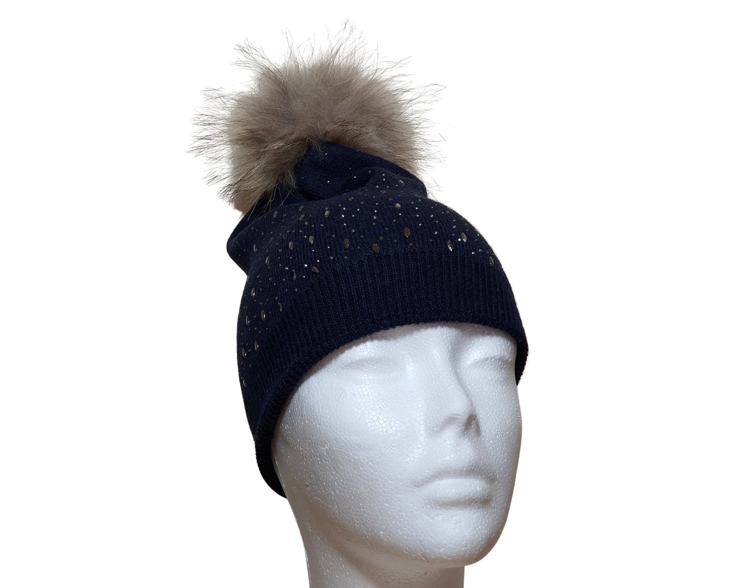 Berretto Donna Invernale Misto Lana Pompon Pelo Pelliccia blu scuro front