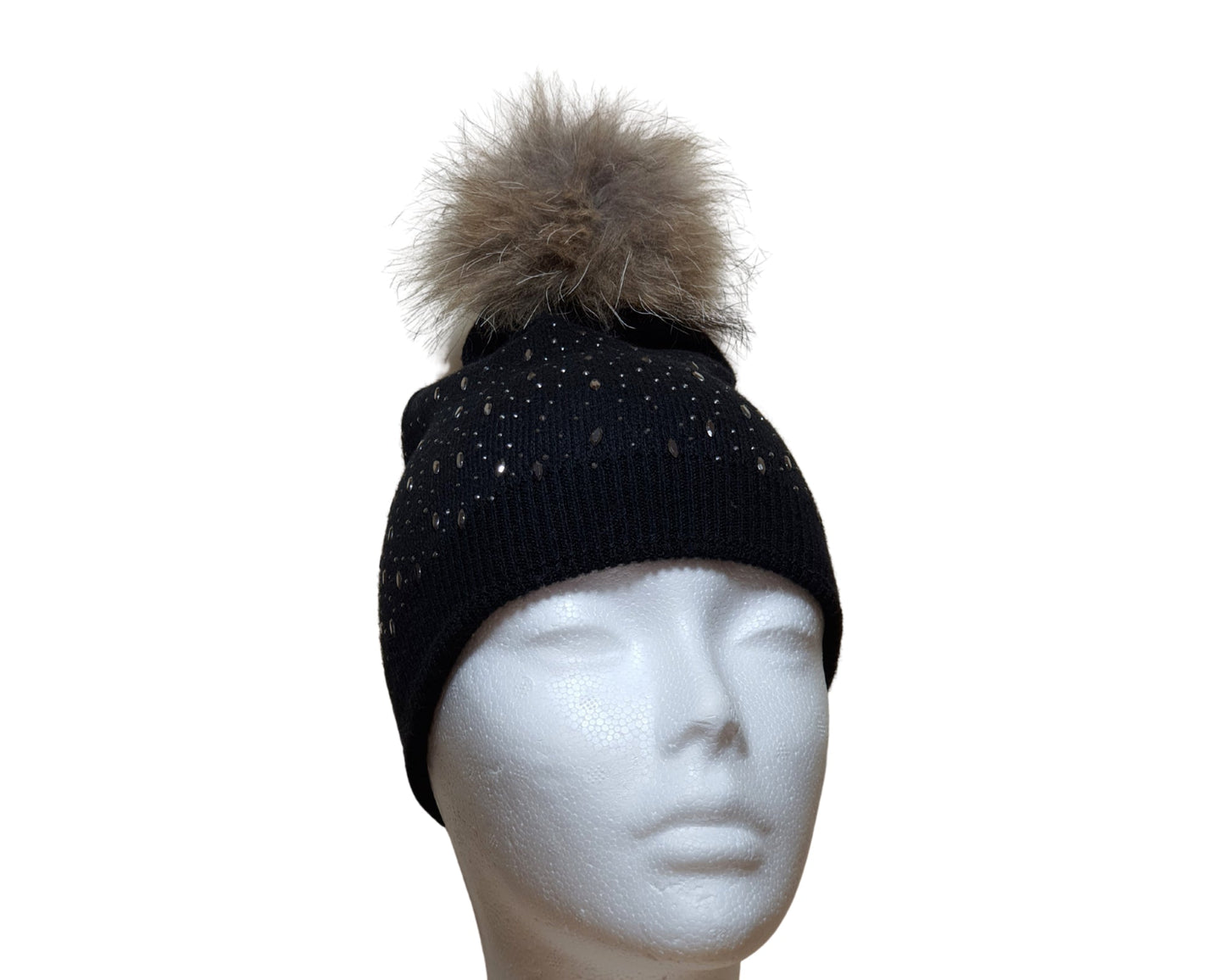 Berretto Donna Invernale Misto Lana Pompon Pelo Pelliccia nero front