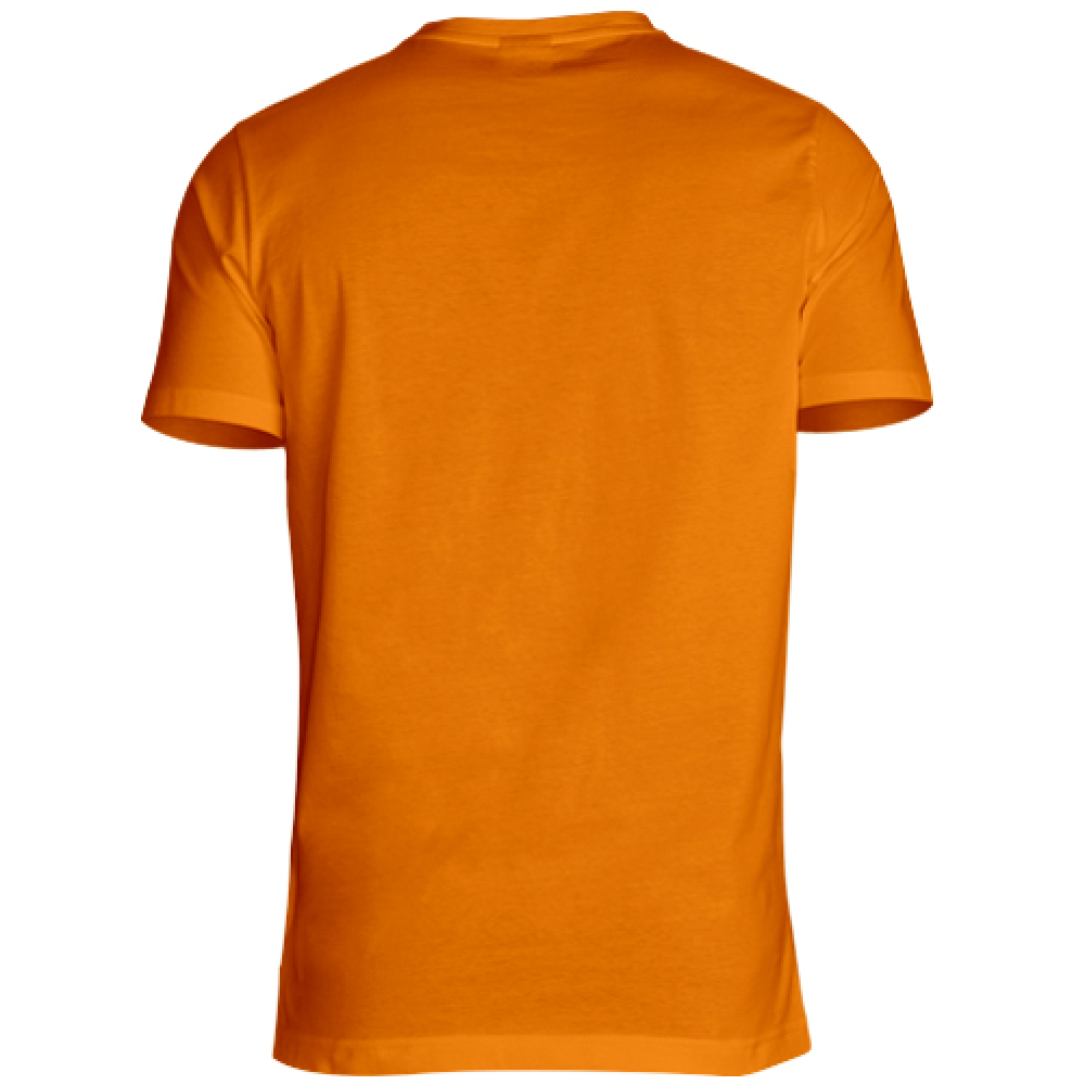Retro della maglietta uomo in cotone arancione, modello basic a manica corta ideale per abbigliamento casual e sportivo.
