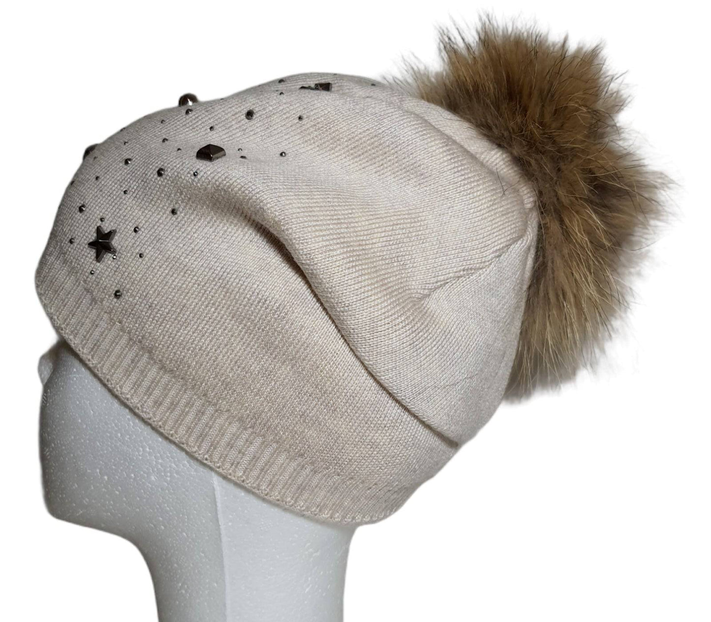 Berretto Donna Invernale PomPon Cashmere Pelliccia Pelo beige