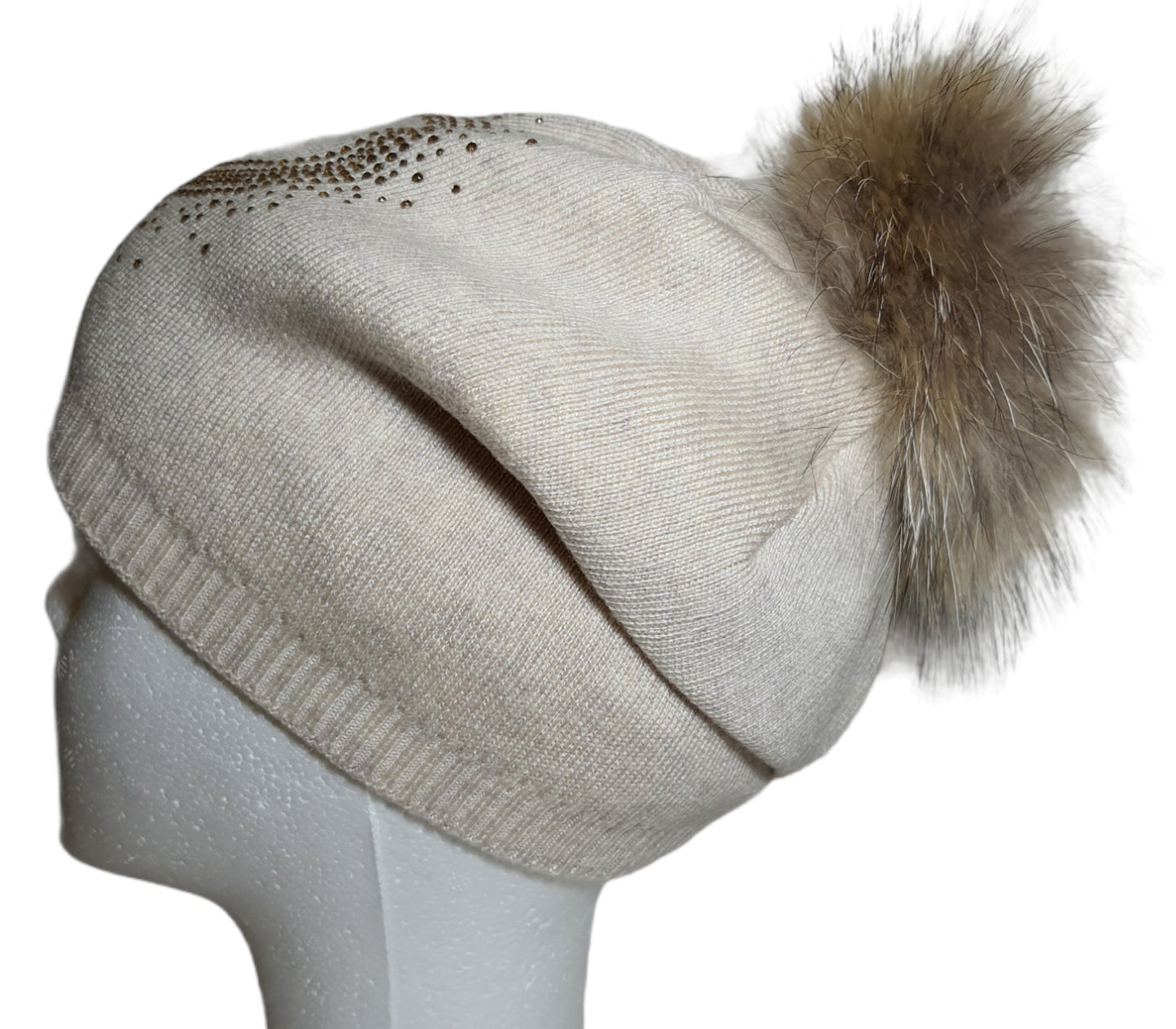 Berretto Donna Invernale PomPon Cashmere Pelliccia Pelo beige cuore