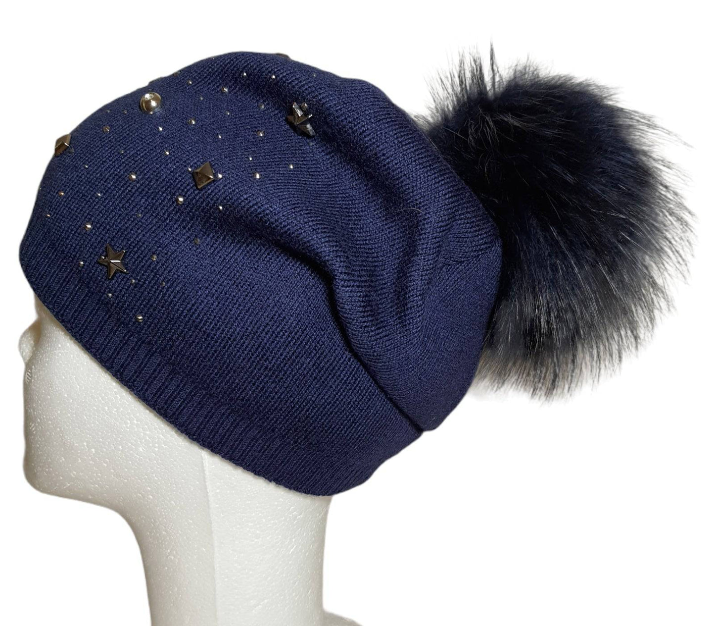 Berretto Donna Invernale PomPon Cashmere Pelliccia Pelo blu scuro