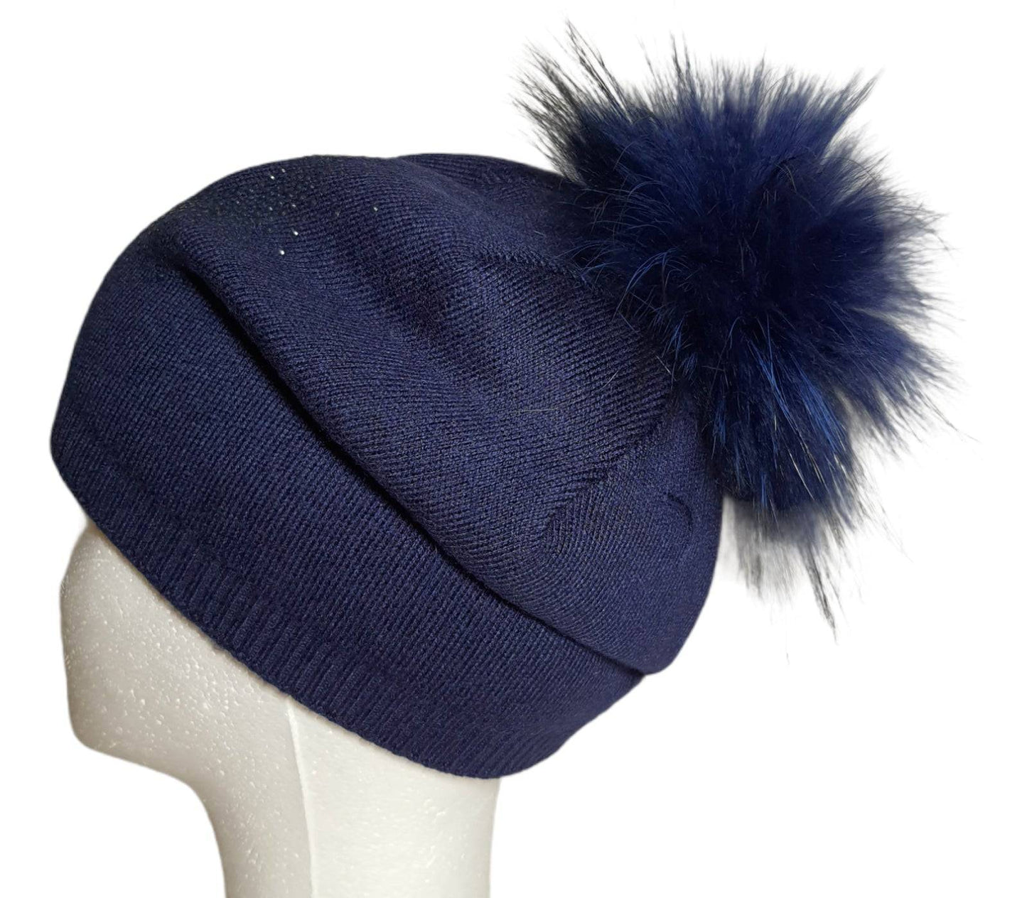 Berretto Donna Invernale PomPon Cashmere Pelliccia Pelo blu scuro cuore