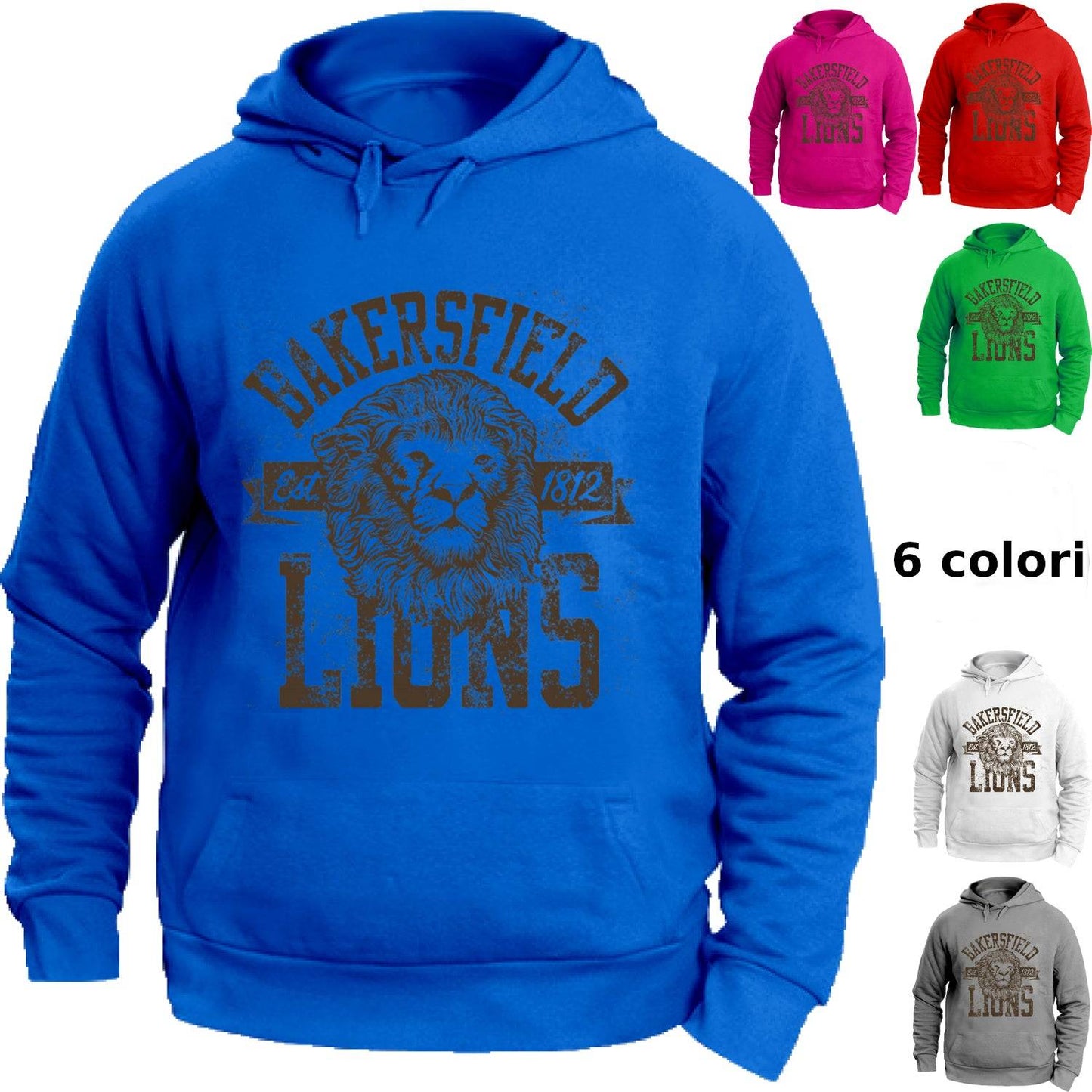 Felpa Maglia Uomo cappuccio Leone Lion multicolore
