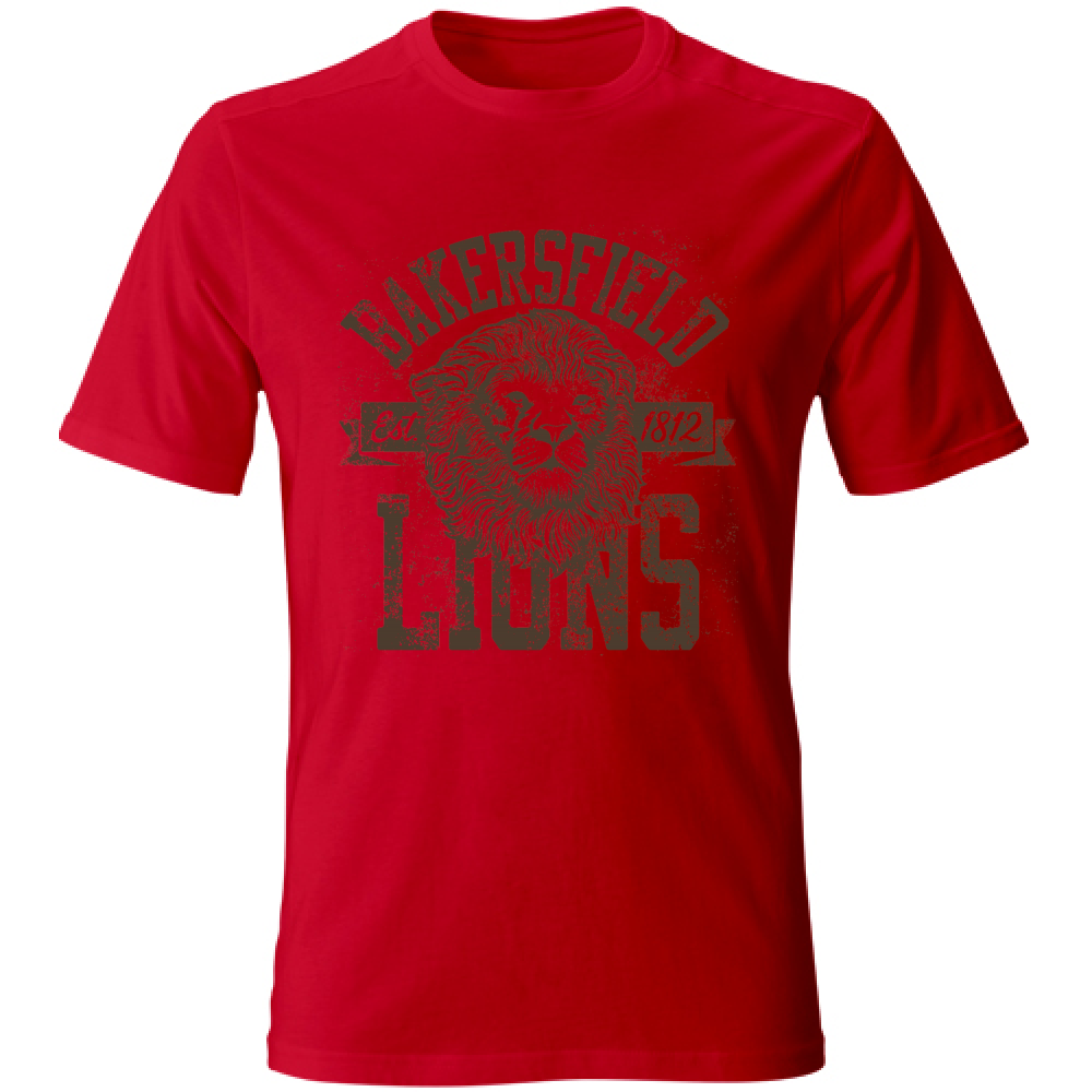 Maglietta uomo rossa in cotone con grafica Leone Bakersfield Lions, ideale per look sportivo e casual estivo.