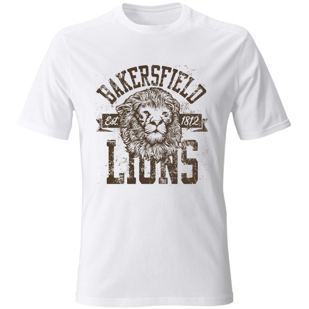 Tshirt uomo bianca in cotone con stampa Leone Bakersfield Lions, perfetta per outfit casual e streetwear maschile.