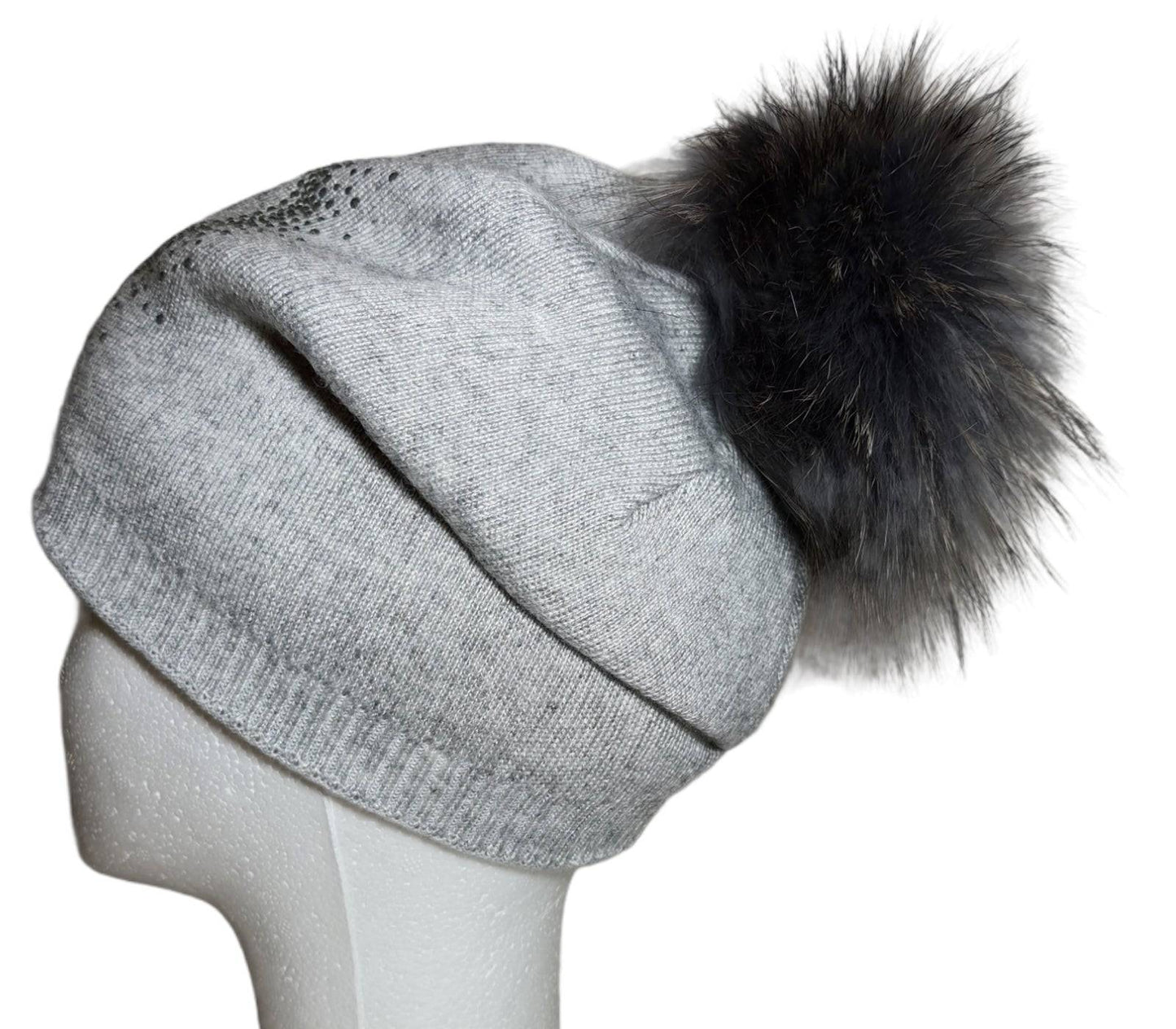 Berretto Donna Invernale PomPon Cashmere Pelliccia Pelo grigio chiaro