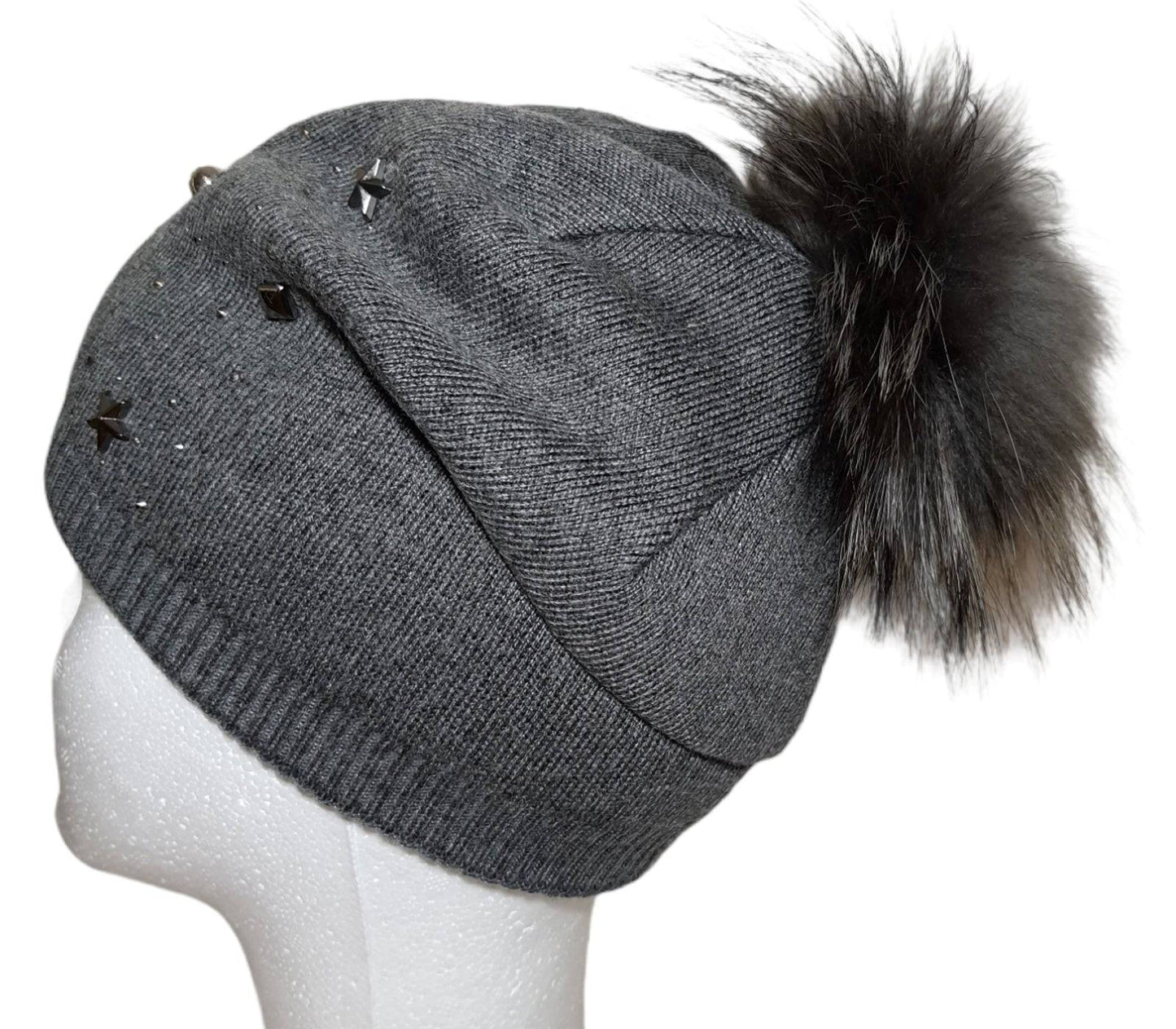 Berretto Donna Invernale PomPon Cashmere Pelliccia Pelo grigio scuro