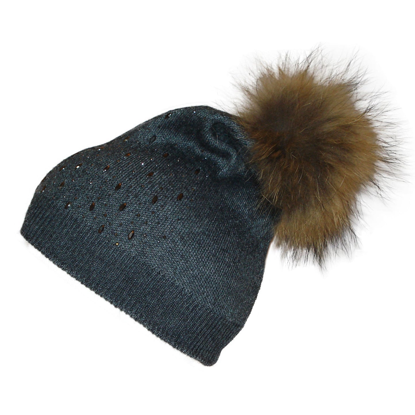 Berretto Donna Invernale Misto Lana Pompon Pelo Pelliccia grigio scuro