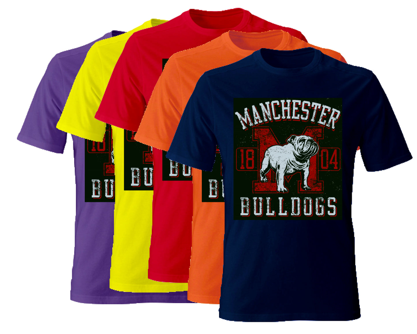 Tshirt maglia maglietta Uomo manica corta vari colori cotone Bulldogs con stampa Manchester e cane bulldog, disponibile in viola, giallo, rosso, arancione e blu navy.