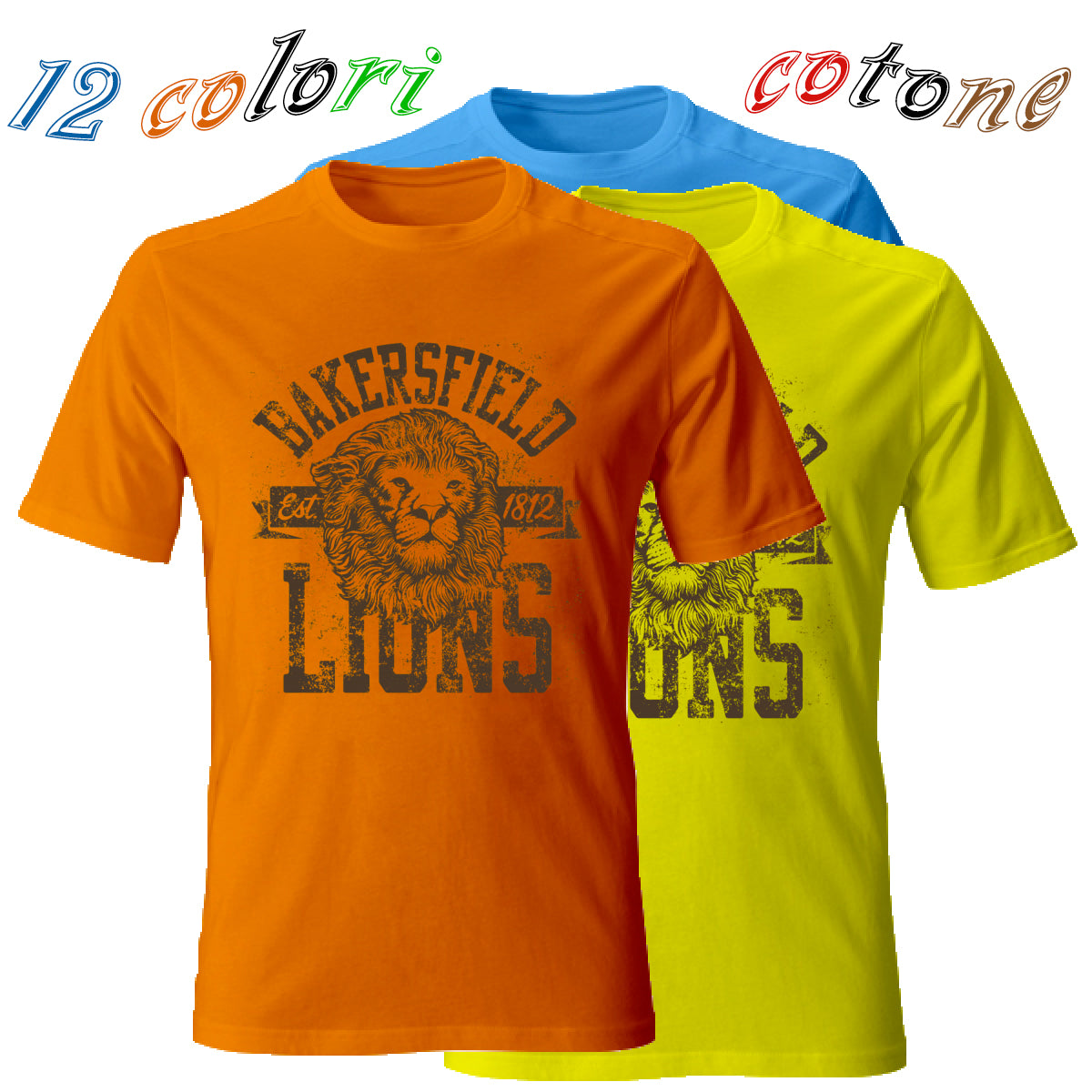 Tshirt maglia maglietta uomo manica corta in cotone con stampa Lions, disponibile in 12 colori vivaci per look casual estivi.