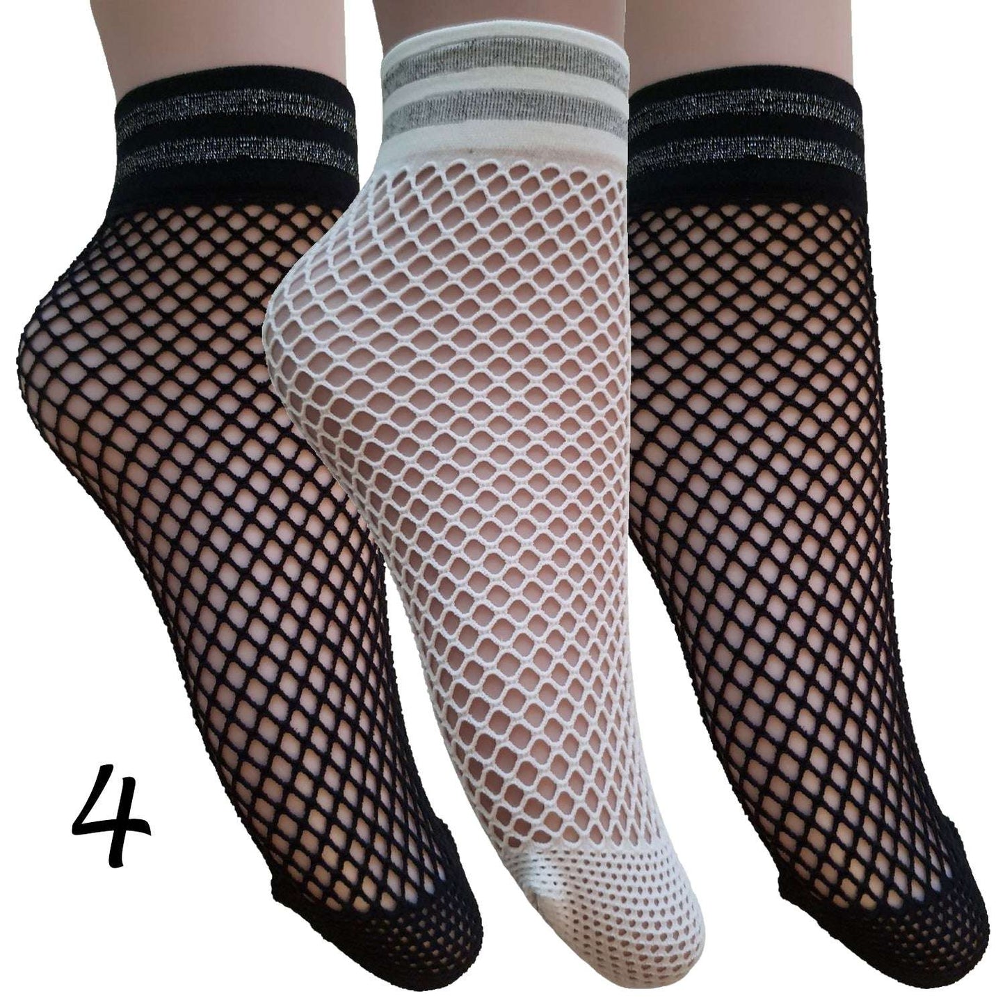 Calzini donna 3 paia a rete alla caviglia lurex nero bianco dettaglio