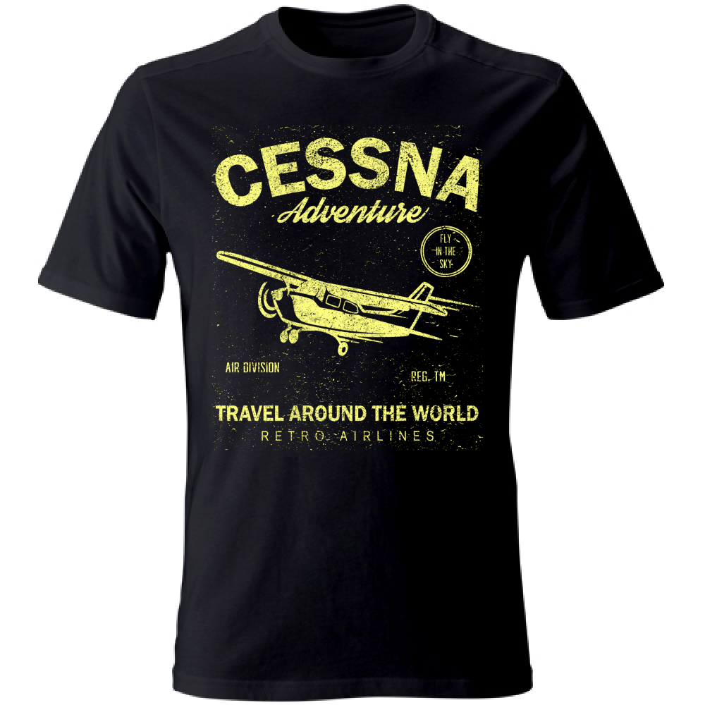 Maglietta uomo manica corta in cotone nero con stampa vintage di aereo Cessna, tema avventura, ideale per estate, SKU: 12345