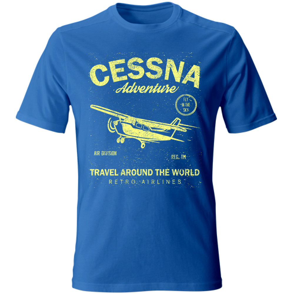 T-shirt in cotone blu con stampa gialla di un aereo Cessna, stile vintage, casual, perfetta per l'estate, SKU: 12345