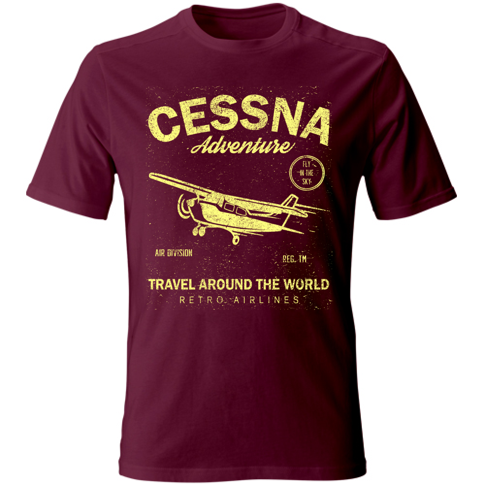 T-shirt uomo in cotone blu con grafica retrò di aereo Cessna, tema viaggio, maniche corte, stile casual, SKU: 12345