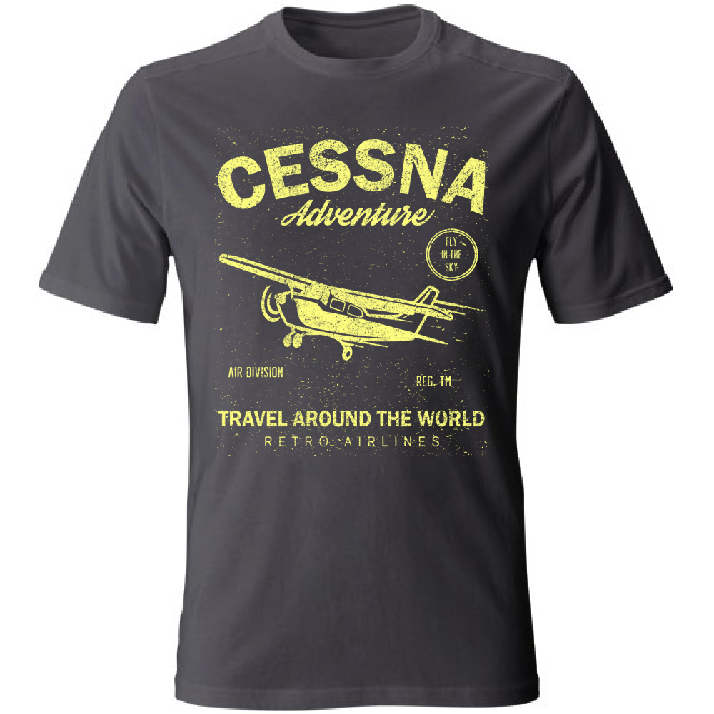 Maglietta in cotone grigia con stampa gialla di un aereo Cessna, tema avventura, stile casual, ideale per estate, SKU: 12345