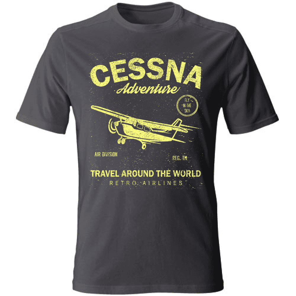 T-shirt uomo in cotone grigia con grafica retrò di aereo Cessna, tema viaggio, maniche corte, stile casual, SKU: 12345