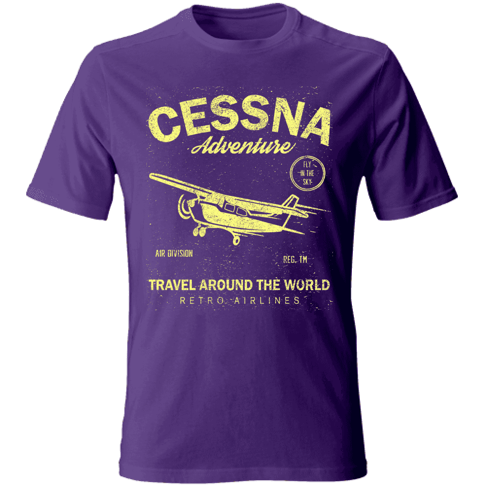 Maglietta uomo in cotone viola con stampa vintage di aereo Cessna, tema avventura, maniche corte, stile casual, SKU: 12345