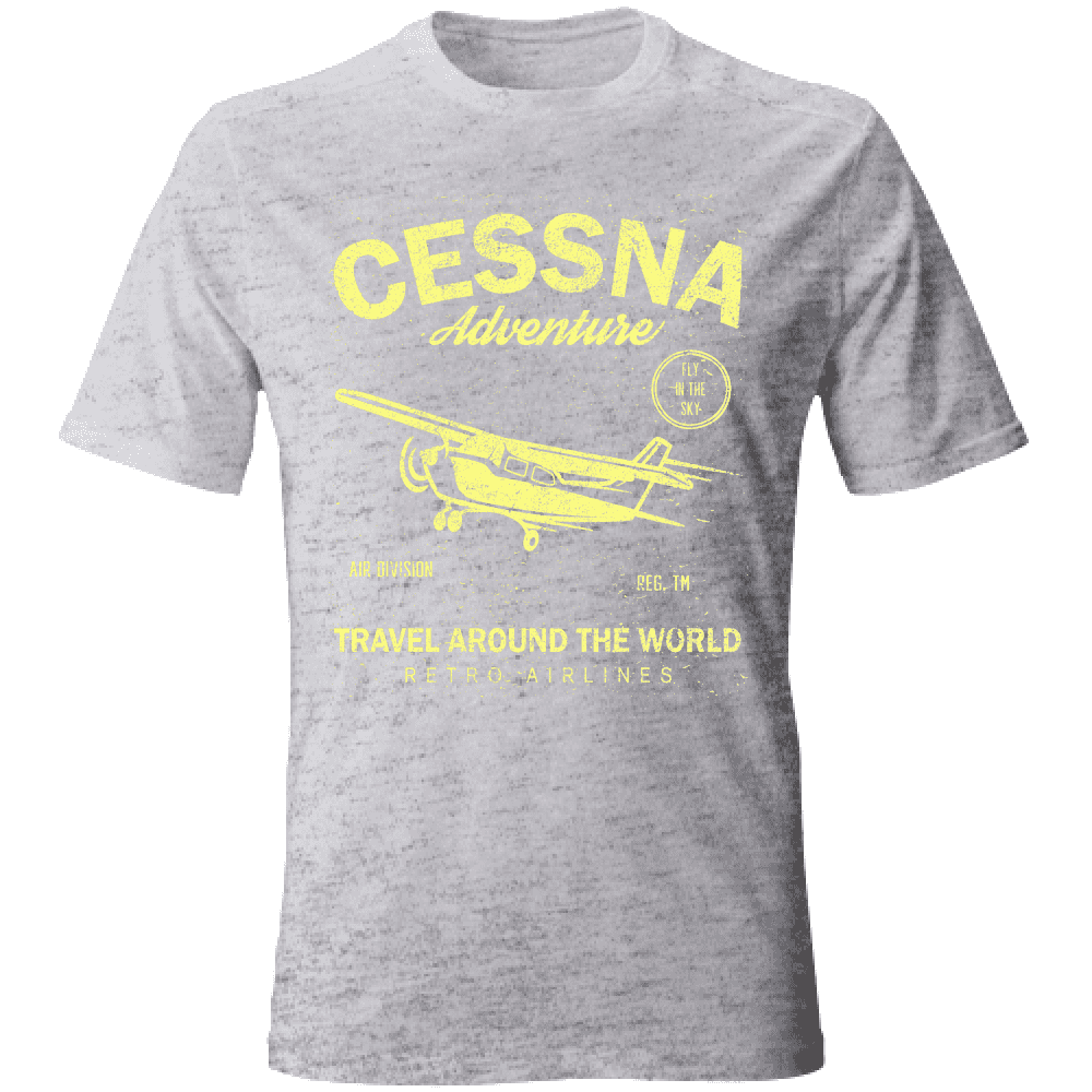 T-shirt uomo manica corta in cotone grigio con stampa vintage di aereo Cessna, stile retrò, perfetta per look casual estivo, SKU: 12345