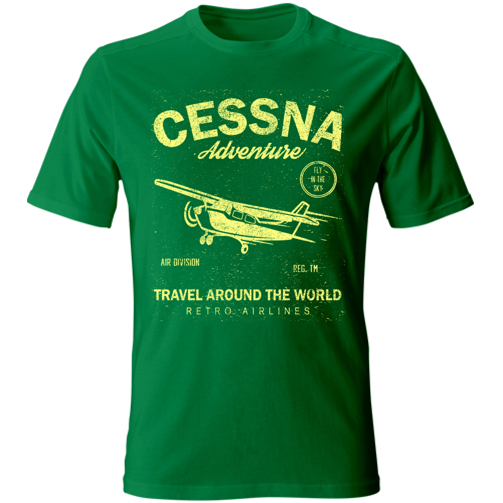 Maglietta verde in cotone con stampa vintage di un aereo Cessna, testo avventura e viaggio, stile casual estivo, SKU: 12345