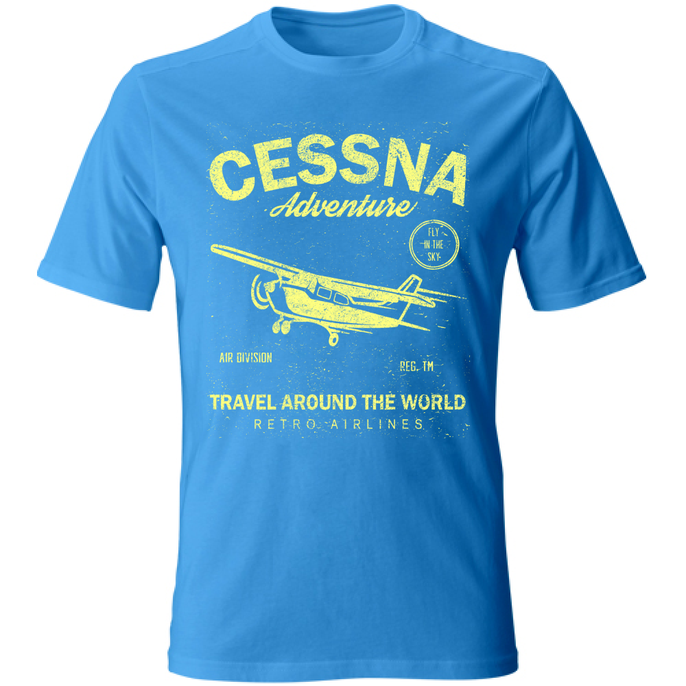 T-shirt uomo in cotone azzurro con stampa retrò di aereo Cessna, stile casual estivo, perfetta per viaggi e avventure, SKU: 12345