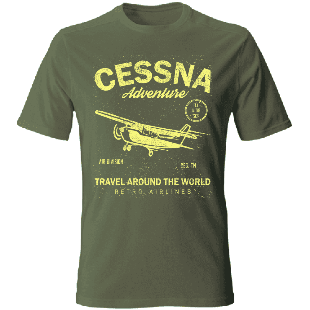 T-shirt verde in cotone con stampa vintage di un elicottero e testo viaggio nel mondo, maniche corte, stile casual, SKU: 12345