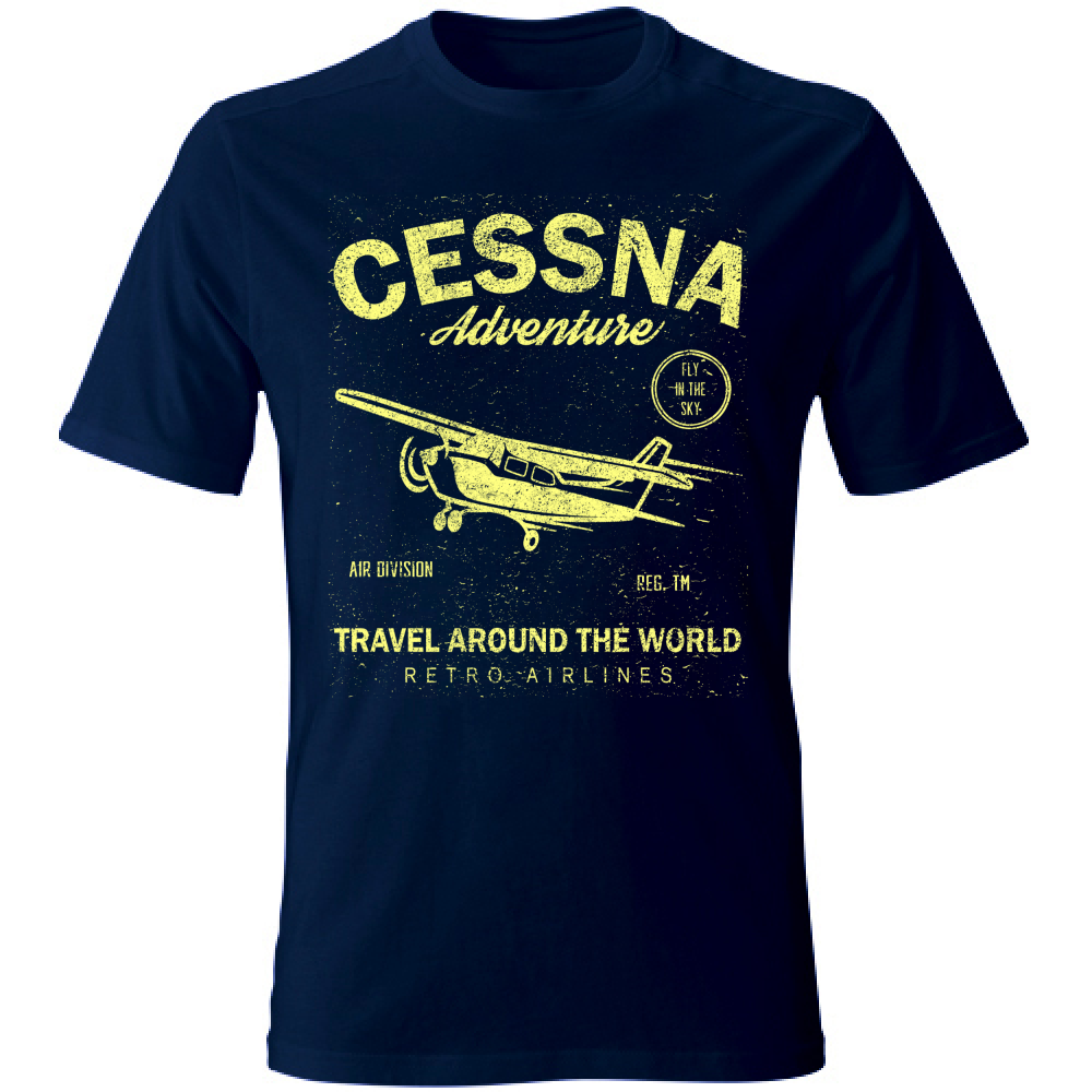 Maglietta in cotone blu navy con stampa gialla di un aereo Cessna, tema avventura, stile casual, ideale per estate, SKU: 12345