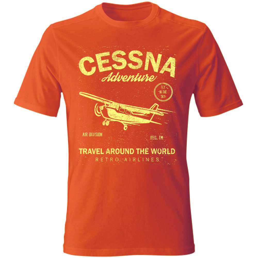 Maglietta uomo manica corta in cotone bianco con stampa gialla di aereo Cessna, look estivo e casual, perfetta per estate, SKU: 12345