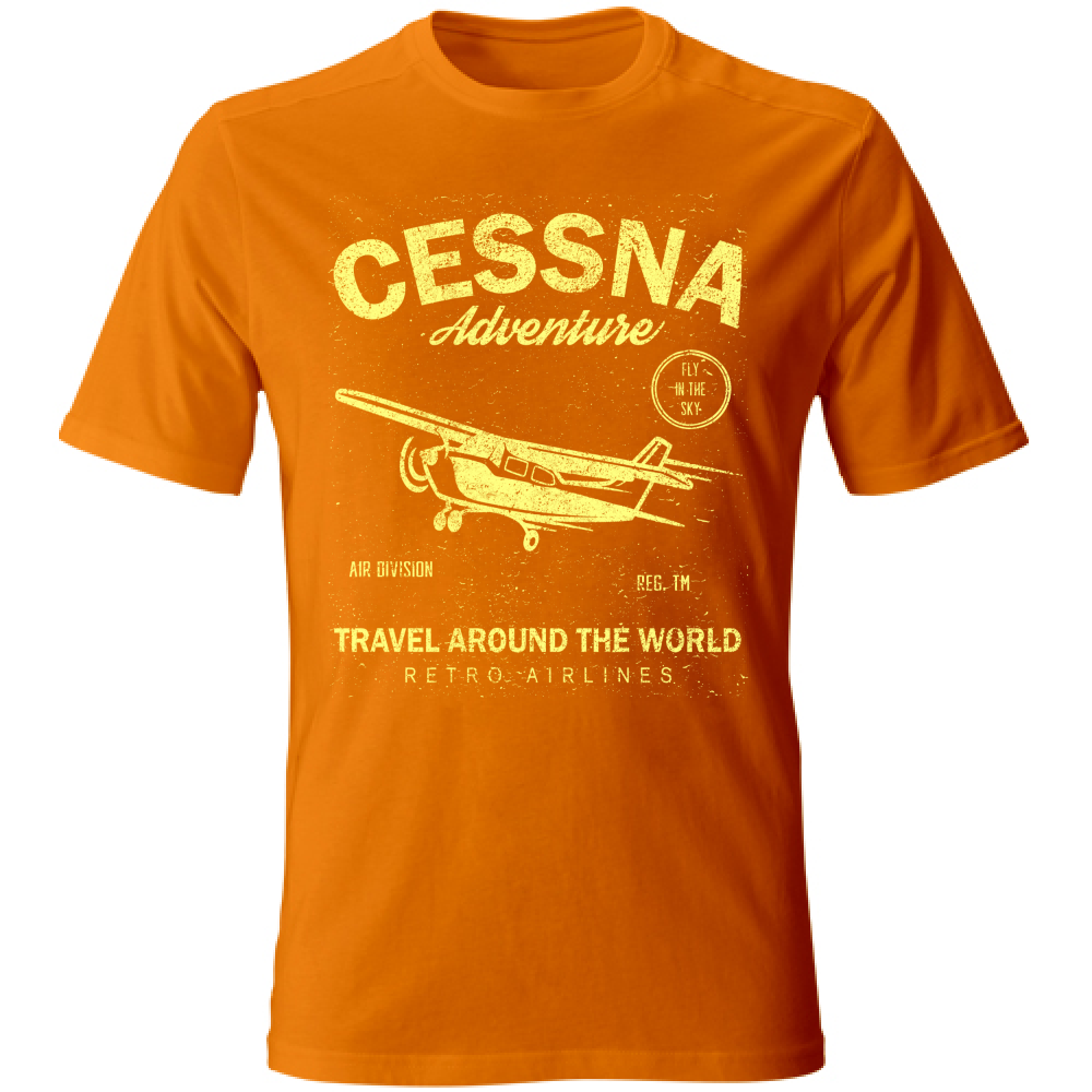 Maglietta in cotone arancione con stampa gialla di un aereo Cessna, tema avventura, stile casual, ideale per estate, SKU: 12345