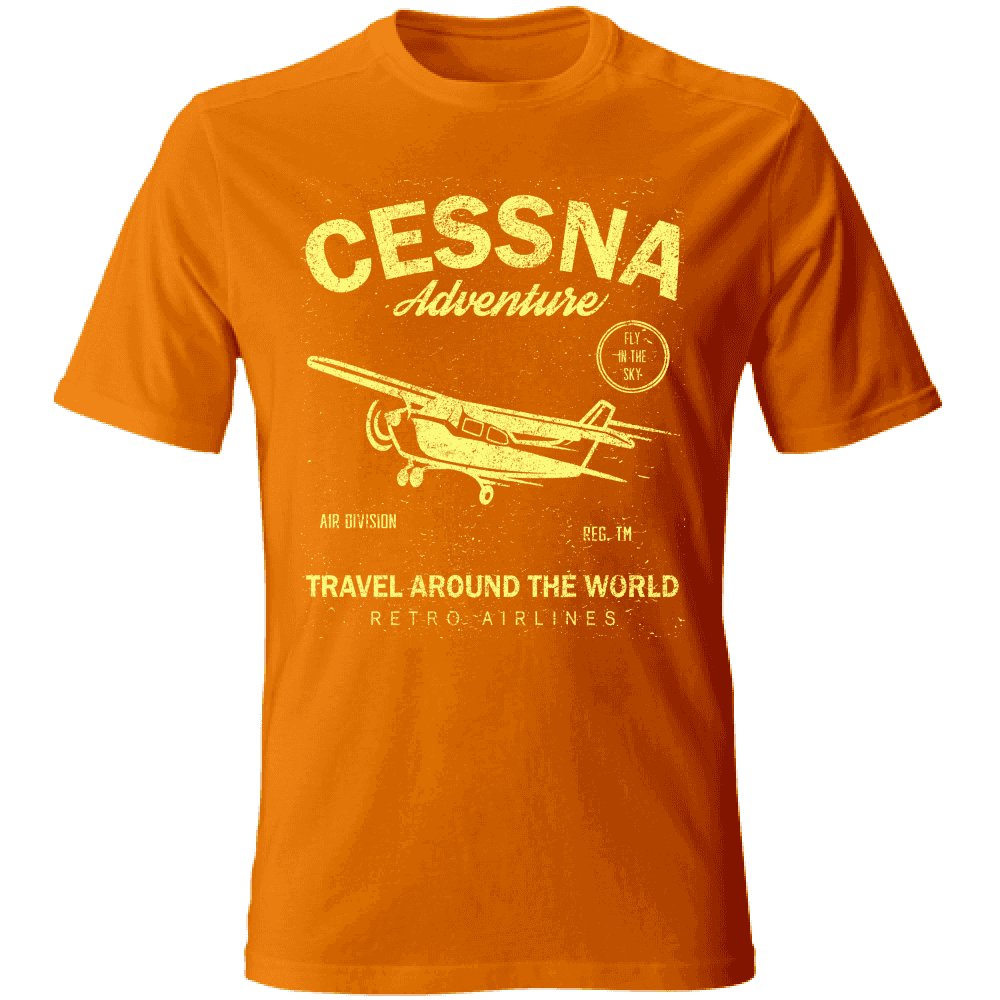 T-shirt uomo manica corta in cotone arancione con stampa retrò di aereo Cessna, stile vintage, perfetta per viaggi estivi, SKU: 12345