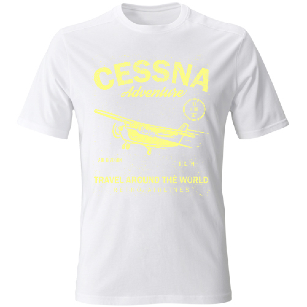 T-shirt uomo in cotone bianca con stampa vintage di aereo Cessna, stile casual estivo, ideale per viaggi e avventure, SKU: 12345