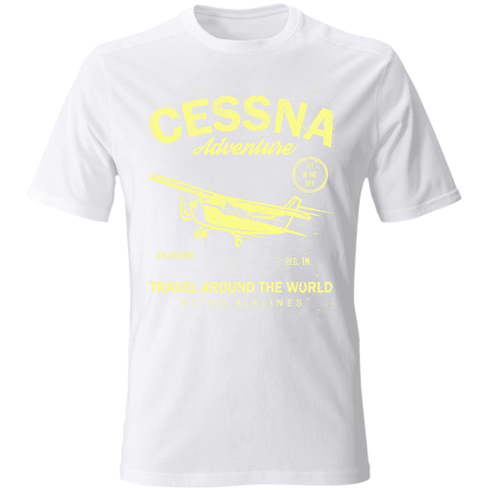 Maglietta uomo manica corta in cotone bianco con stampa di aereo Cessna, tema avventura, ideale per estate, SKU: 12345