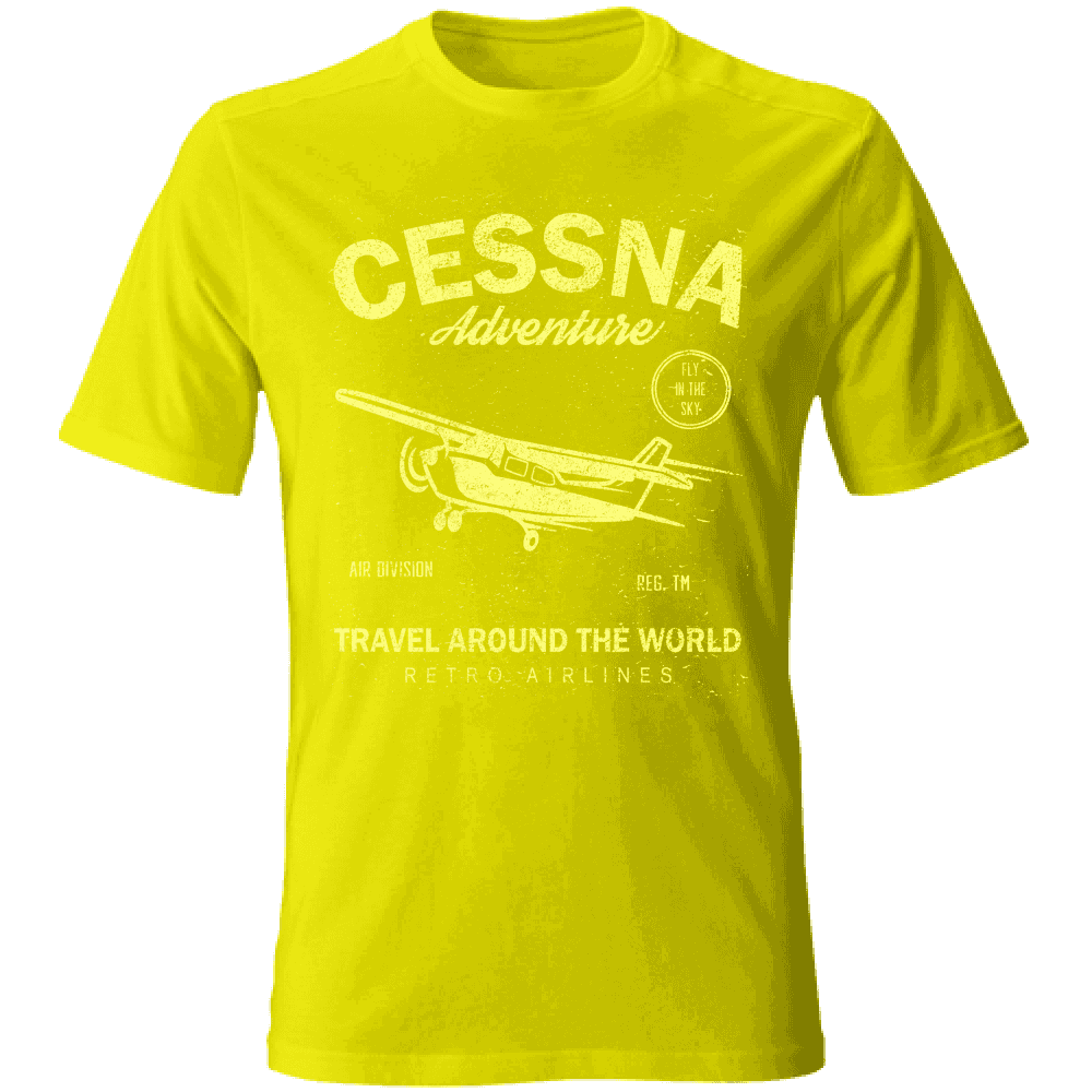 Maglietta uomo manica corta in cotone giallo con stampa di aereo Cessna, tema avventura, ideale per estate, SKU: 12345