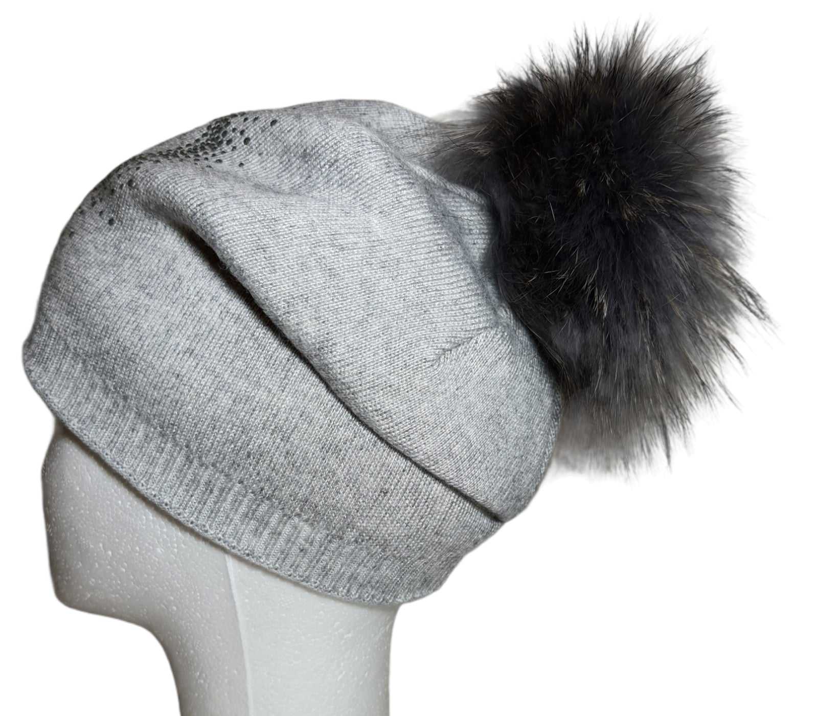 Berretto Donna Invernale PomPon Cashmere Pelliccia Pelo grigio chiaro